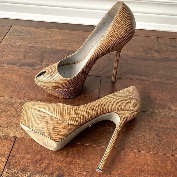 Sergio Rossi Beige Tan Snakeskin 5" Stiletto High Heels Peep Toe EUR 37.5 US 7 - Picture 5 of 6